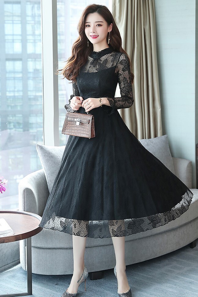 送料無料 ワンピース レースワンピース ドレス レース ドレスコード 大人 きれいめ エレガント 膝丈 ハイネック シースルー セクシー Op 141kj ワンピースコーデのお店 Flower Silhouette