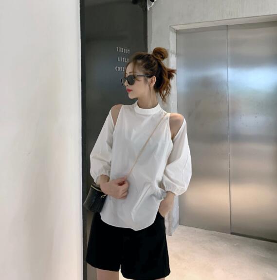 ブラウス レディース シフォンブラウス 大きいサイズ シャツ 女性服 トップス 長袖 肩見せ スタントカラ ヘッジ シャツ 無地 人気トップス