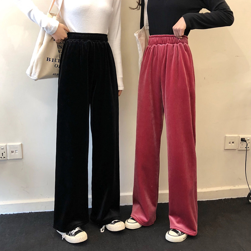 ワイドパンツ シンプル パンツ ボトムス ズボン レディース ストレート ワイド ハイウエスト 春 秋 冬 10代 代 30代 40代 ベロア 無地 カジュアル パンツ コーデ ブラック 黒 ピンク 大きめ ゆったり ルーズ感 こなれ感 通勤 オフィス Ol 上品