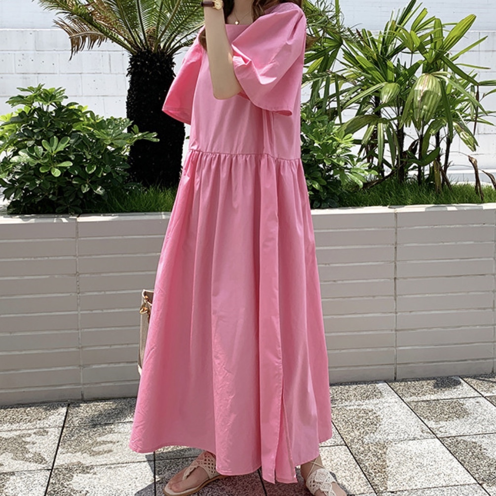 ピーチピンク ボリュームスリーブ バックボタン ポケット付き サマーワンピース 9style