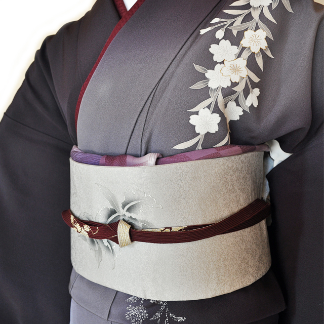 訪問着レンタル■紺色と灰色の片身違いに流れるような桜の花柄■正絹フリーサイズhu7〔往復送料無料〕 - 画像1