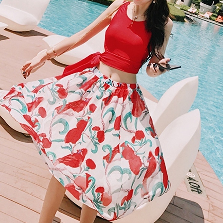 レディース 水着 新作 3点セット ビキニ ロングスカート ハイウエスト 赤 元気カラー タンキニ トロピカル リゾート 女子旅 Manajily オルチャン 韓国 プチプラレディースファッション