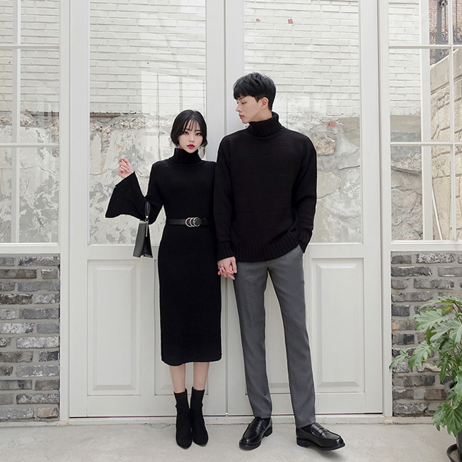 カップル ペアルック リンクコーデ リブ ニット タートルネック スリット ワンピース 0325 夫婦 親子 カップルのリンクコーデ専門店 Pair Cele ペアセレ