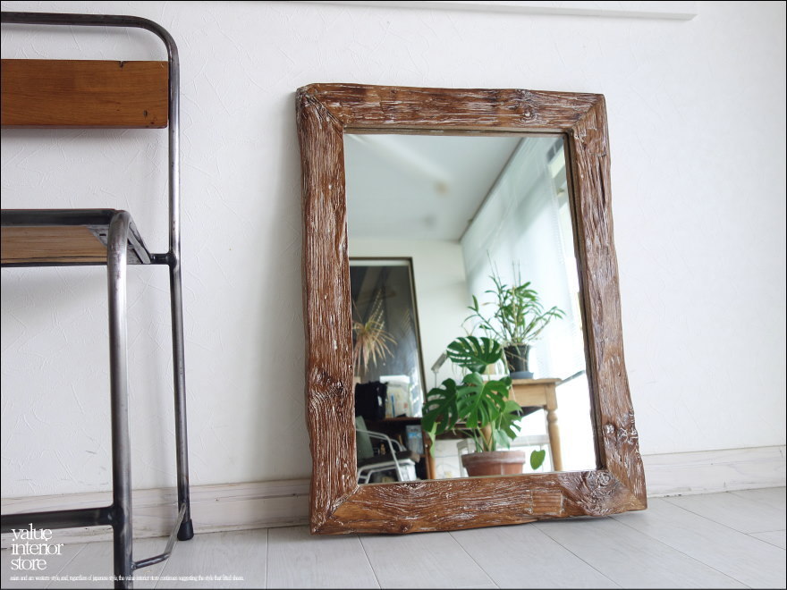 古材 鏡 オールドチークフレームミラー壁掛80WW レトロ 天然木 ハンドメイド 手作り 総無垢 壁掛け 銘木 新品 送料無料 幅60 x 縦