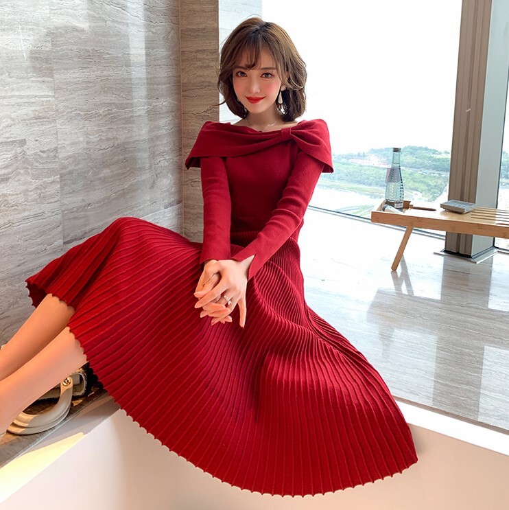 オフショル風 リボンデザイン 長袖 ニット ワンピース ミモレ丈 ウエスト切替 プリーツスカート エレガント 大人かわいい フェミニン 上品 ガーリー デート お呼ばれ お食事 パーティー 二次会 秋 冬 Ladys Paradise オフショル風 リボンデザイン 長袖 ニット ワンピース ミモレ丈 ウエスト切替 プリーツスカート エレガント 大人かわいい フェミニン 上品 ガーリー デート お呼ばれ お食事 パーティー 二次会 秋 冬 Ladys Paradise