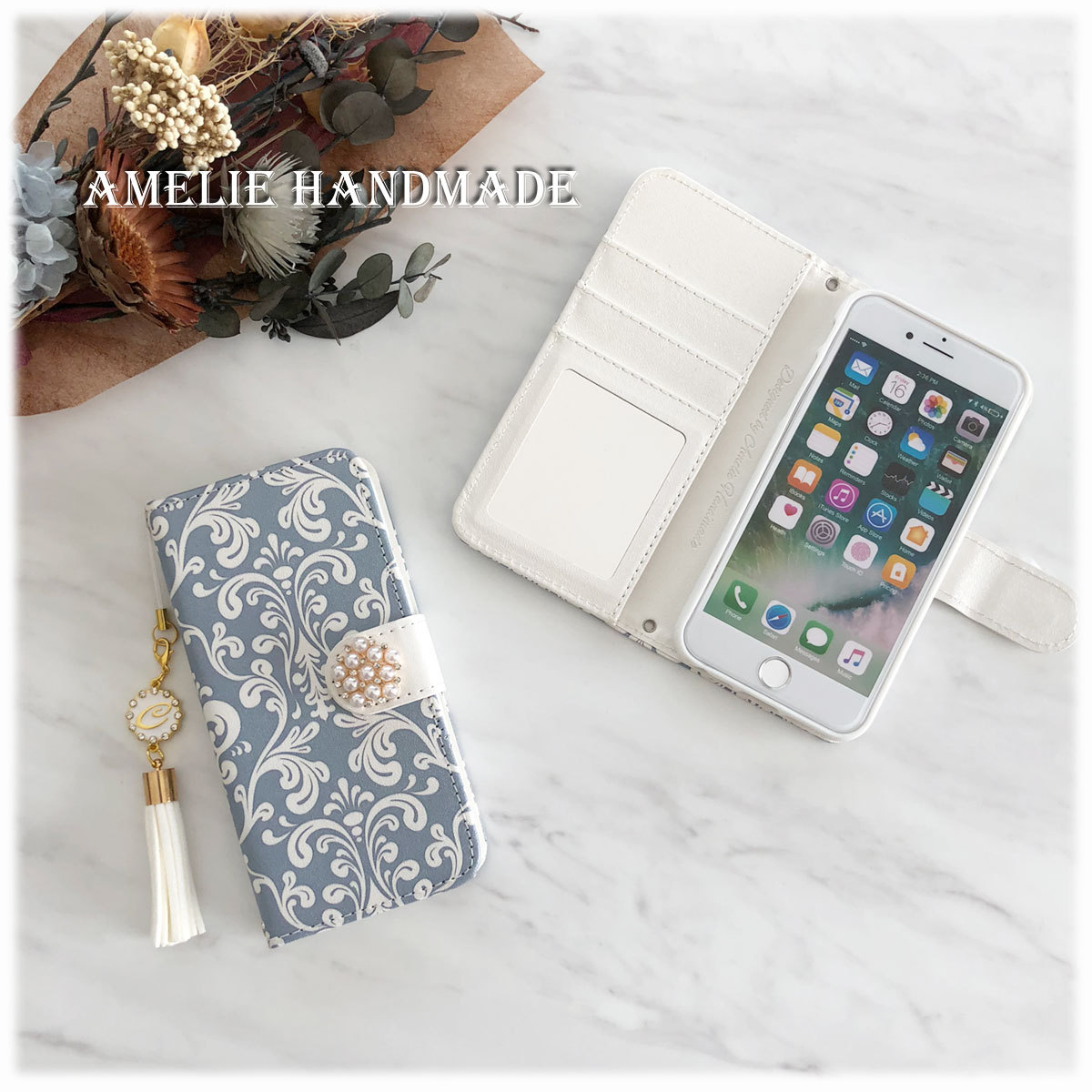 Damaskブルーグレイwithオリジナルイニシャルストラップ 手帳型スマホケース Amelie Handmade