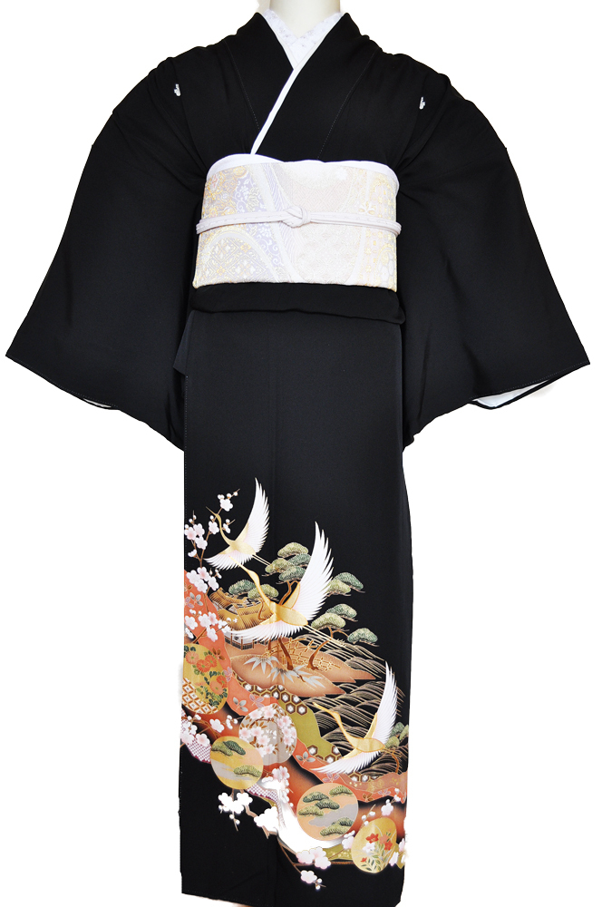 ワイドサイズ(トール&ワイド)■黒留袖レンタル■松竹梅に金彩鶴kurow2【往復送料無料】 - 画像2