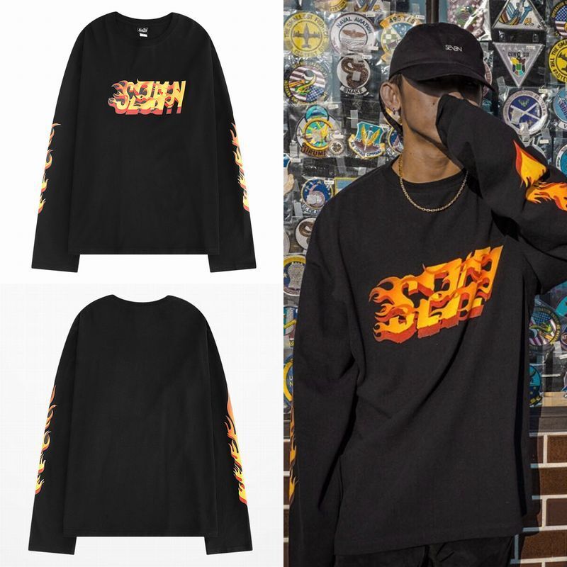 韓国ファッション ロングTシャツ ユニセックス 長袖 Tシャツ メンズ レディース ファイヤーパターン 袖プリント オーバーサイズ 大きいサイズ ストリート