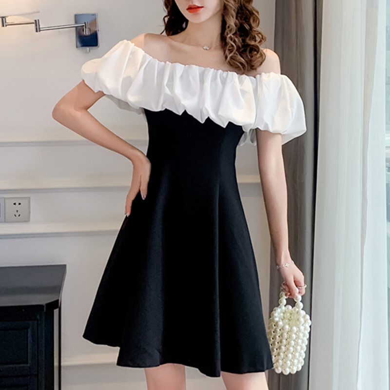 ワンピース セクシー ボートネックデザイン パフスリーブ ペプラム 配色 Aライン 黒 半袖 ブラック S M L Xl Dresszone