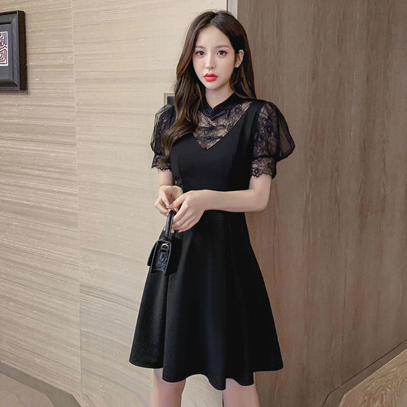 ワンピース チャイナ風 半袖 黒 レース スタンドネック Aライン 切り替え おしゃれ ブラック S M L Xl Dresszone ワンピース チャイナ風 半袖 黒 レース スタンドネック Aライン 切り替え おしゃれ ブラック S M L Xl Dresszone