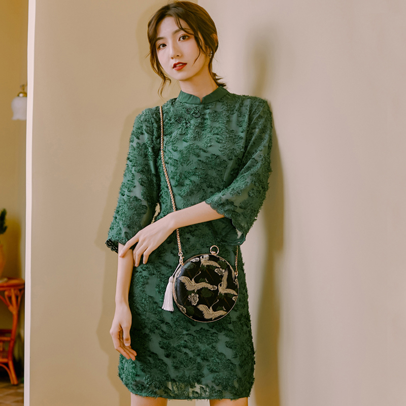 ショートチャイナドレス チャイナ風ワンピース 改良唐装 漢服 グリーン 緑 アプリコットs M L Dresszone