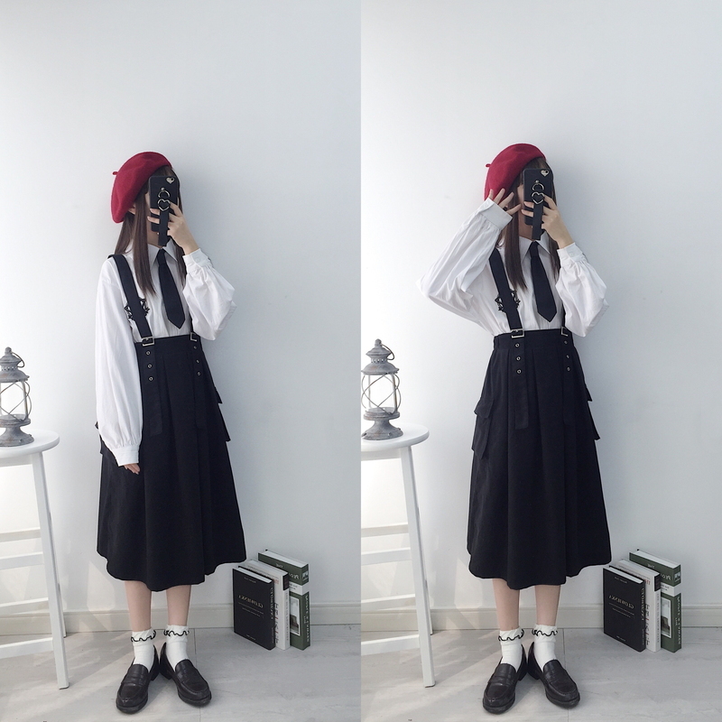 病みかわいい 黒 スカート ゴスロリ ストラップ付き ミモレ丈 ガーリー 原宿系 10代 20代 天使と悪魔 サブカル系ファッション