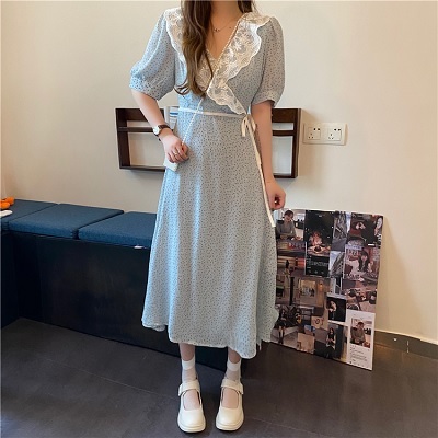 ワンピース ロングワンピース レトロ フリル レース 襟 ガーリー 可愛い フェミニン とろみ リボン ウエストマーク Vネック 五分袖 プチプラレディースファッション通販 Yboueki