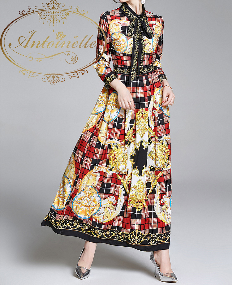 ワンピース 秋冬 チェック柄 リボン レディース ７分袖 ロング丈 Ladies One Piece Autumn Winter Antoinette