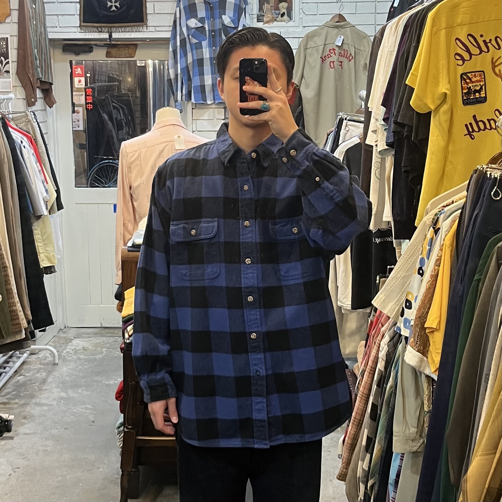 00’s Field and Stream ヘヴィネル ブルー×ブラック ブロックチェック L-XL程度 の画像 4