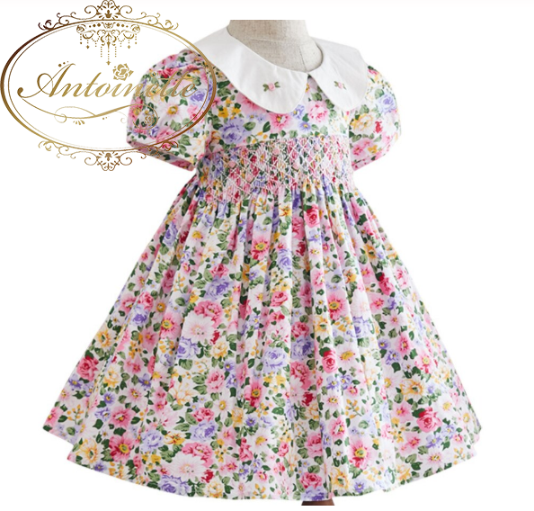 パフスリーブ ワンピース 花柄 刺繍 女の子 王女 可愛い ベビー スモッキングワンピース ドレス Girl Baby Vintage One Piece Dress Flower Antoinette