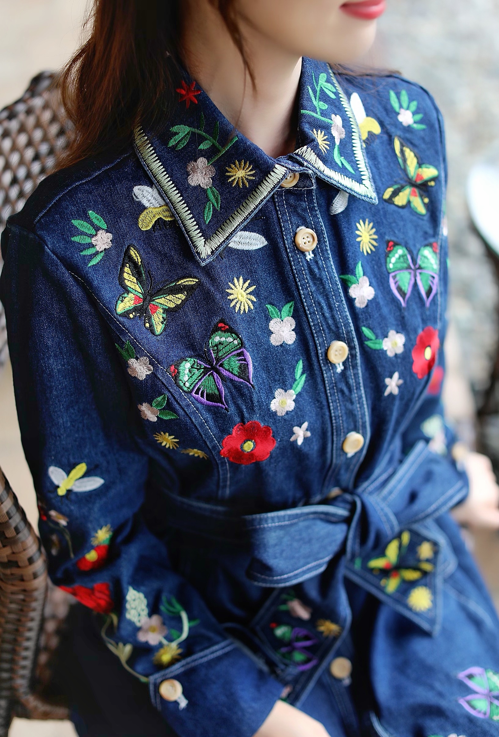 高品質 デニム花刺繍 リボンベルトワンピース Montresor