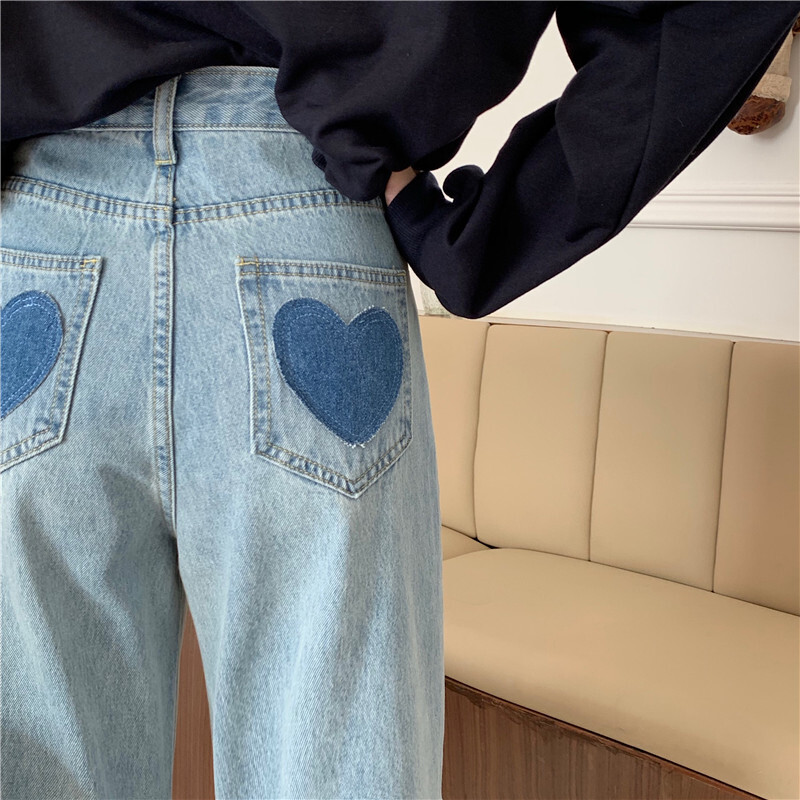 ハートパッチ ヴィンテージブルー デニムパンツ ハイウエスト ルーズ ストレート レトロ かわいい カジュアル ボーイズライク Tp2563 Ladys Paradise ハートパッチ ヴィンテージブルー デニムパンツ ハイウエスト ルーズ ストレート レトロ かわいい カジュアル ボーイズライク Tp2563 Ladys Paradise