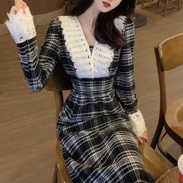 レース ネック ステッチ レトロ チェック ワンピース B5740 韓国レディースファッション通販 Bella ベラハート Select Import Shop レース ネック ステッチ レトロ チェック ワンピース B5740 韓国レディースファッション通販 Bella ベラハート Select Import Shop