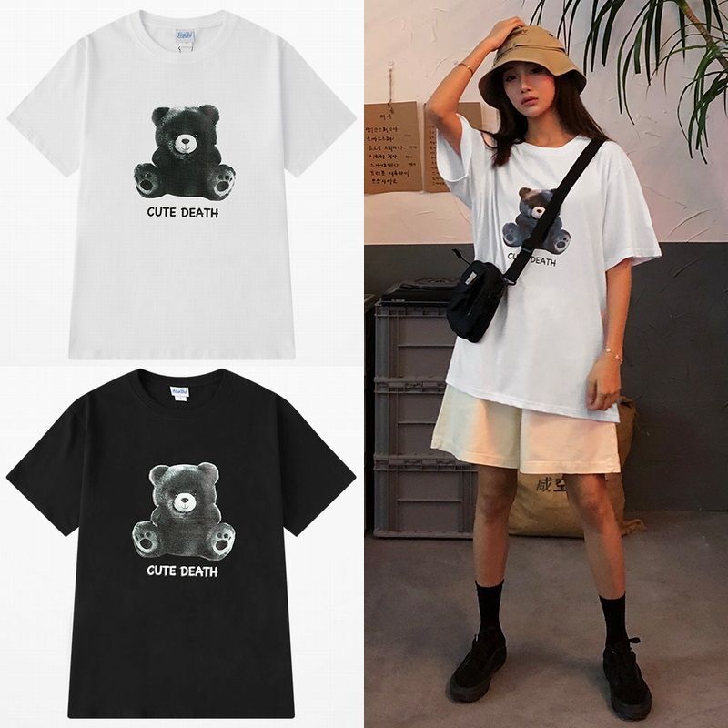 韓国ファッション Tシャツ ユニセックス 半袖 Tシャツ メンズ レディース 英字 CUTE DEATH ベアー クマちゃん プリント オーバーサイズ 大きいサイズ ルーズ ストリート
