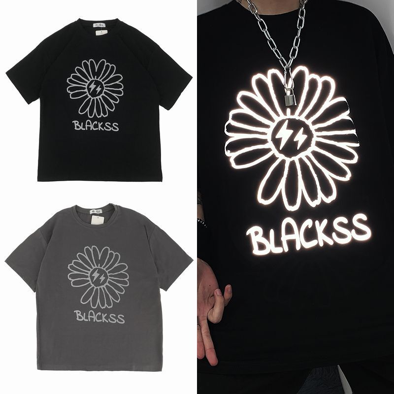 ユニセックス Tシャツ 半袖 メンズ レディース ラウンドネック 光反射 フラワー 花 プリント オーバーサイズ 大きいサイズ ルーズ ストリート