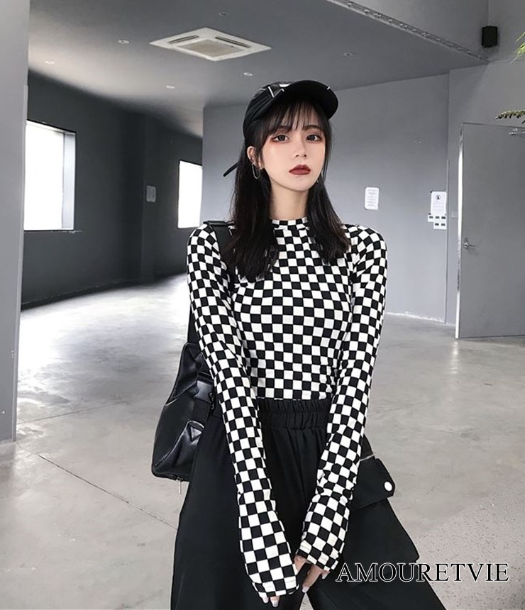 2019 秋 レディース 新作 トップス Tシャツ 長袖 白黒 チェック柄 レトロ オルチャン 韓国ファッション 921