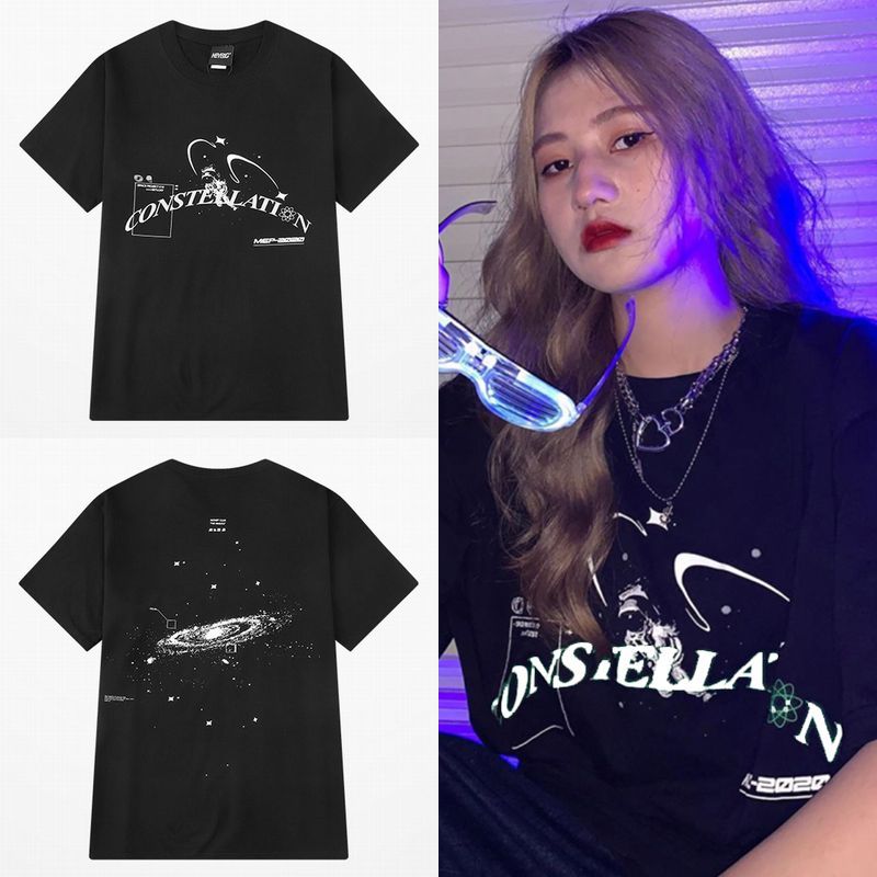韓国ファッション Tシャツ ユニセックス Tシャツ 半袖 メンズ レディース ラウンドネック 宇宙 スペース プリント オーバーサイズ 大きいサイズ ルーズ ストリート