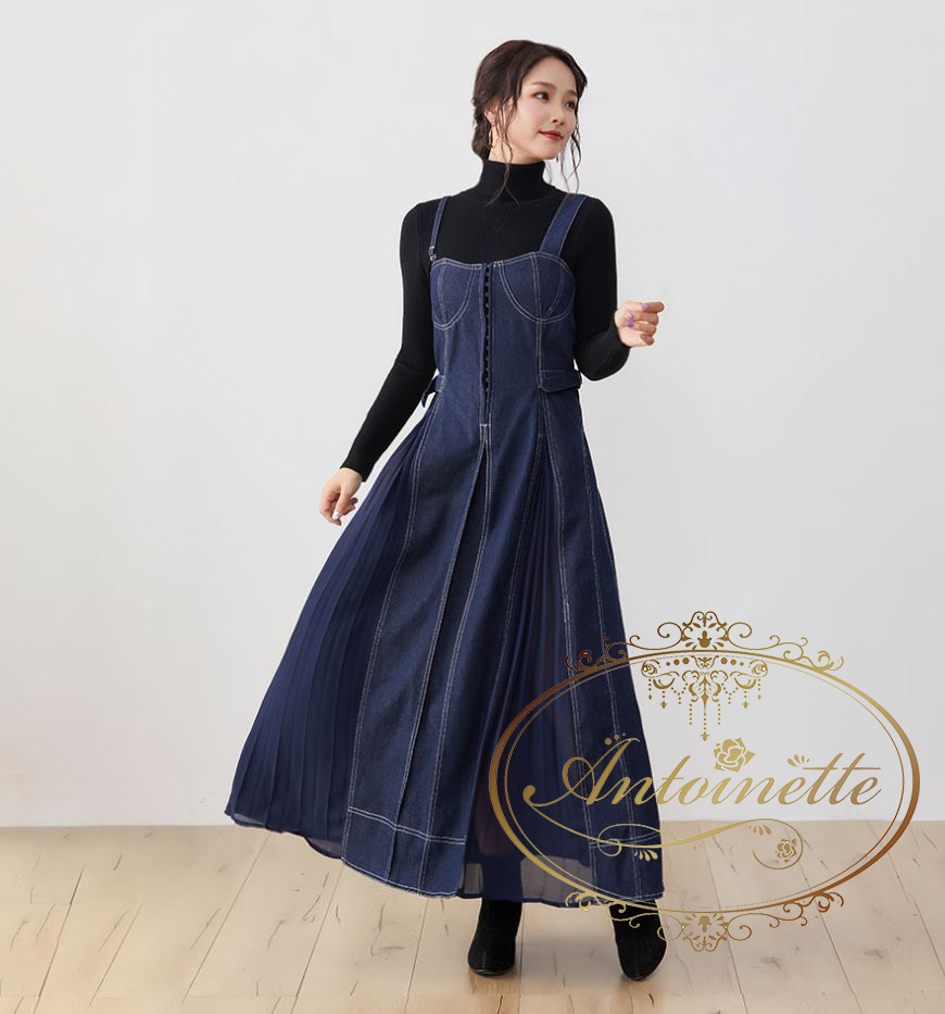 レディース シンプル 普段着 ワンピース 肩ひも ワンピ ワンピース 韓国風 チュニック プリーツ デニム シフォン ストラップ 調節マキシワンピース Antoinette