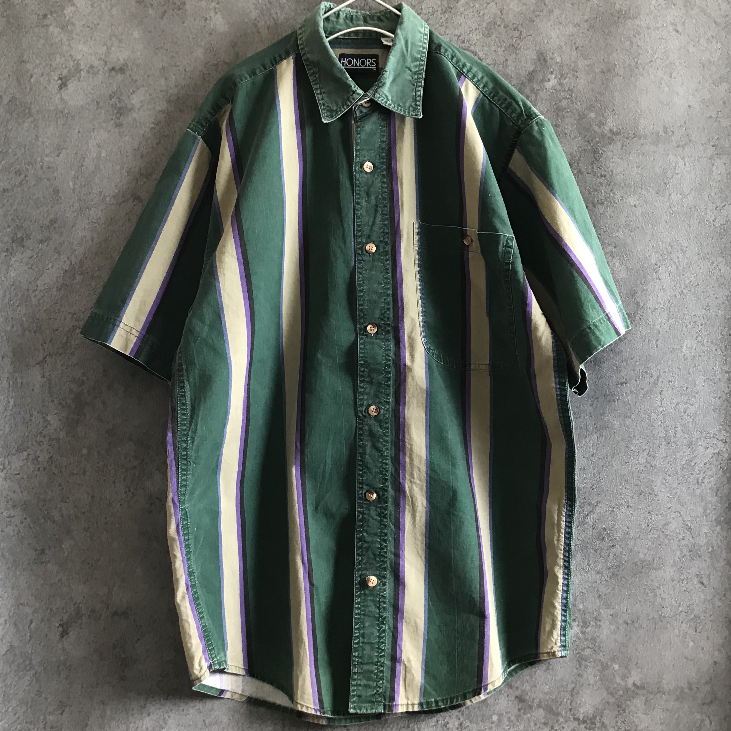 古着シャツ 古着 シャツ レトロ ストライプ グリーン 柄シャツ コットン 総柄 アート メンズ 半袖 古着 屋antenna アンテナ 海外でセレクトした個性的な古着専門の通販店です