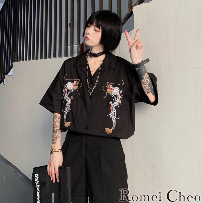 RomelCheo 龍柄刺繍シャツ ユニセックス チャイナ風 和風 和柄 ロング丈 ポロシャツ 和服 半袖 オーバーサイズ ファッション 韓国