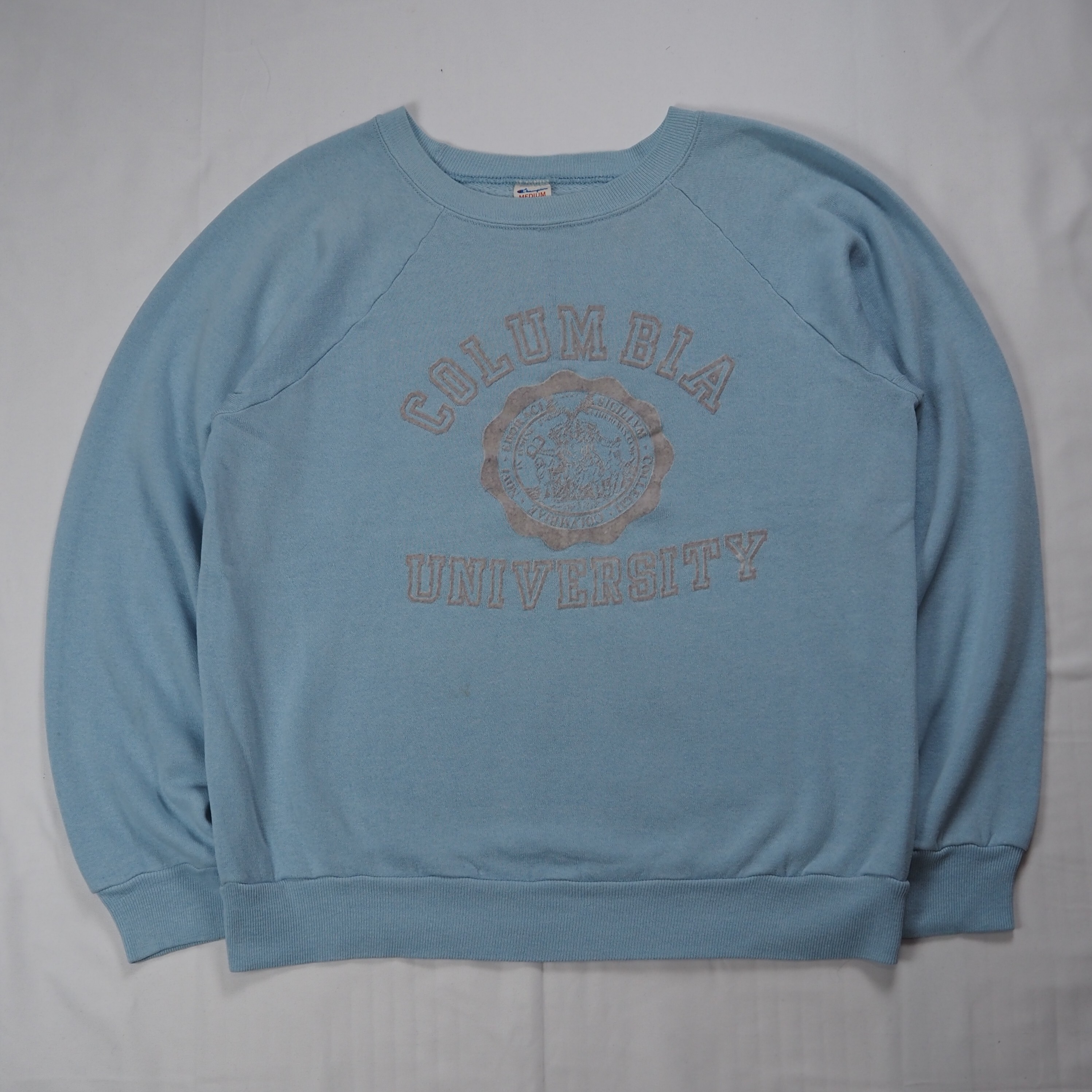 【9/23 20:00入荷】80's Champion カレッジスウェット ライトブルー フロッキープリント