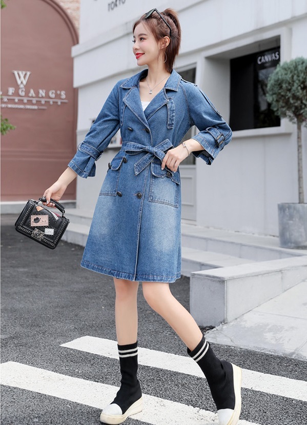 エレガントトレンチコート デニムジャケット ミディアム丈 無地 長袖 ベーシック 春秋 レディース 30代 40代 通勤通学 旅行 女子会 Dj Freak