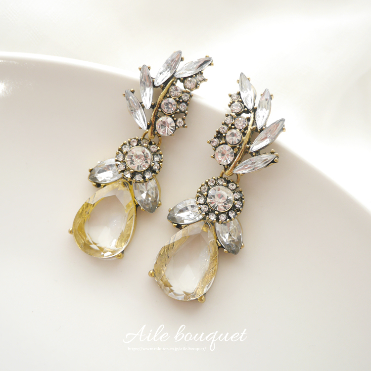 ブライダルピアス ビジュー ピアス 大ぶりピアス イエロー ウェディング アクセサリー クリスタル シルバー 結婚式 Aile Bouquet