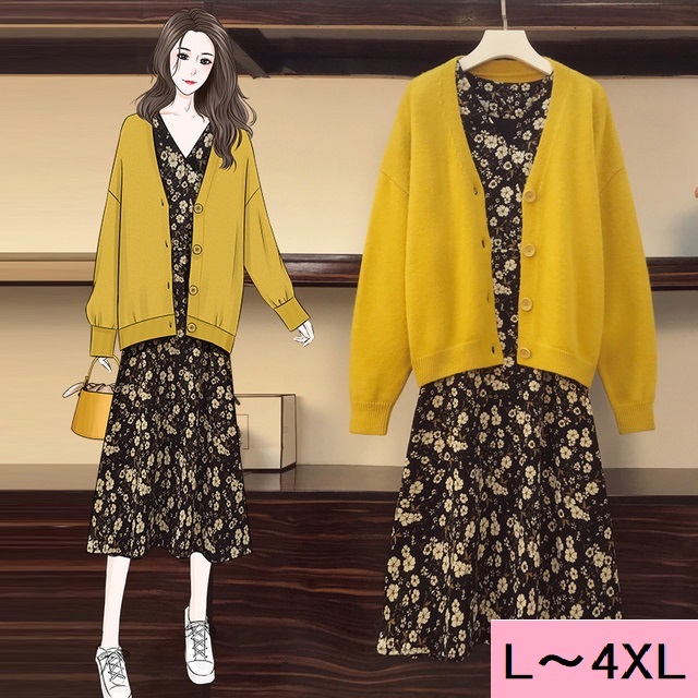 2点セット L 4xl 大きいサイズ セットアップ カーディガン 膝下ワンピース ロングワンピ 春秋 トップス Ll 3l 4l 5l 花柄 大きいサイズ専門店 Rubys