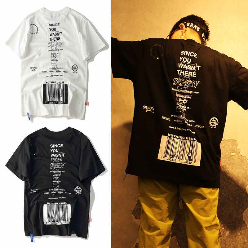 韓国ファッション Tシャツ ユニセックス Tシャツ 半袖 メンズ レディース ラウンドネック 英字 バーコード プリント オーバーサイズ 大きいサイズ ルーズ ストリート