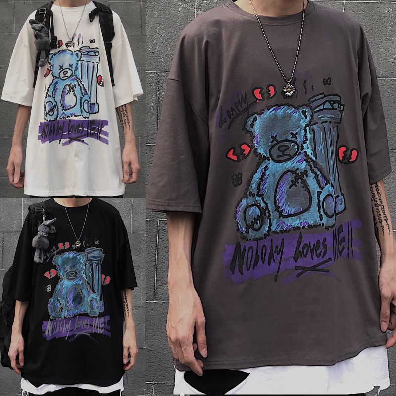 韓国ファッション Tシャツ ユニセックス Tシャツ 半袖 メンズ レディース ラウンドネック 落書き風 くまちゃん ベアー プリント オーバーサイズ 大きいサイズ ルーズ ストリート