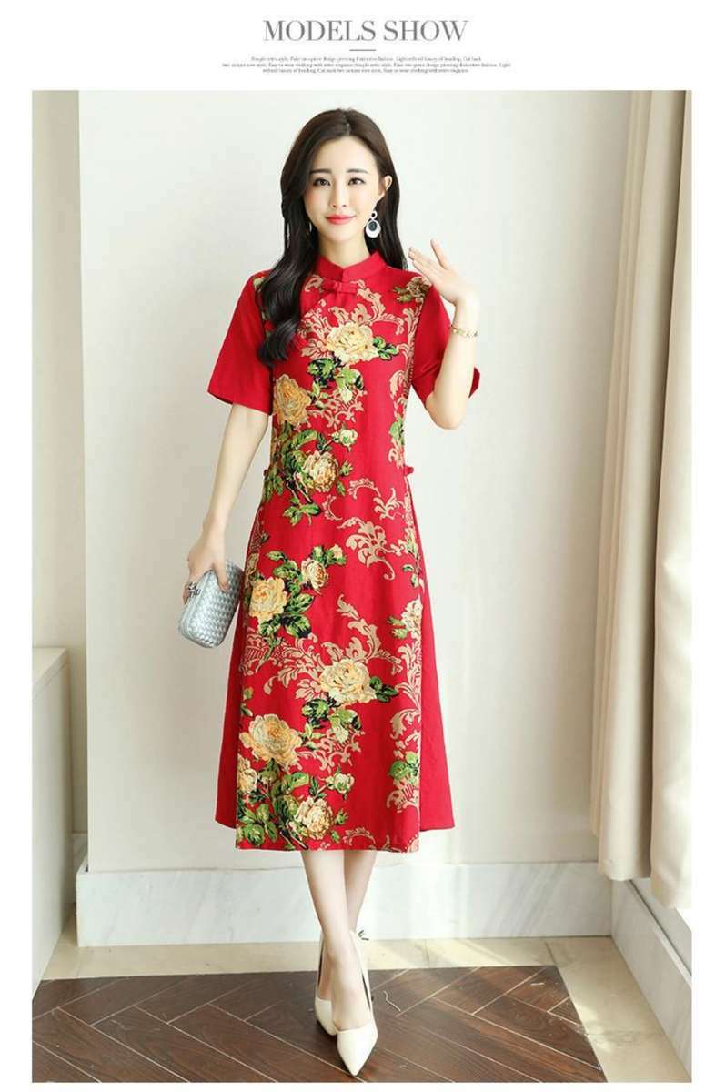 送料無料 ドレス ワンピース チャイナドレス パーティ Aライン 花柄 半袖 セクシー スリット 切り替え Eine Katze