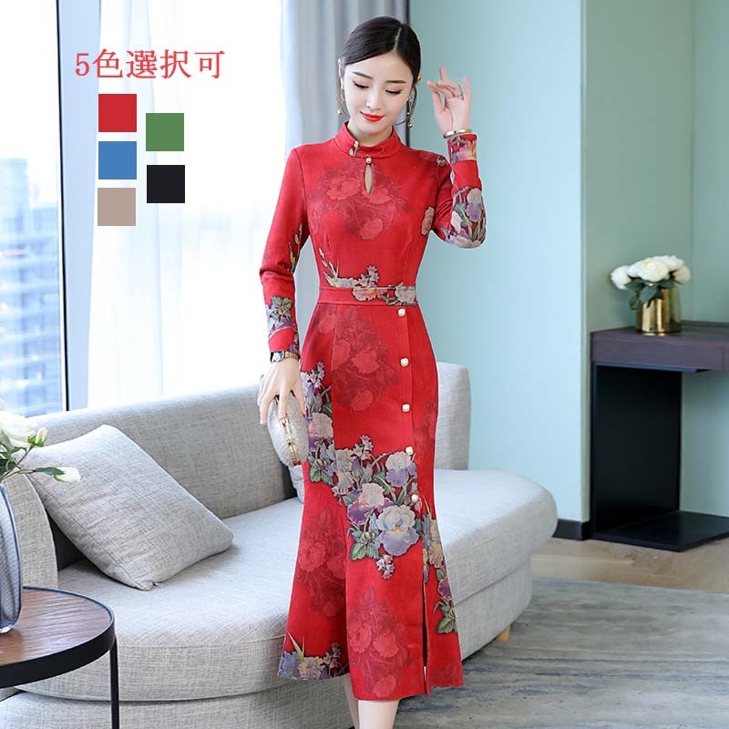 チャイナ風ドレス チャイナ風ワンピース ロング 大きいサイズ M L Ll 3l パーティー 二次会 入園式 卒業式 プレゼント レッド 赤い ブルー 青い ベージュ グリーン 緑 ブラック 黒い スリット Dresszone