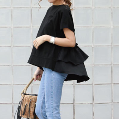 半袖 バックフリル カットソー ブラウス バックシャン ｔシャツ トップス レディース かわいい ふりふり 無地 黒 春 夏 秋 カジュアル ゆったり プチプラレディースファッション通販 Yboueki