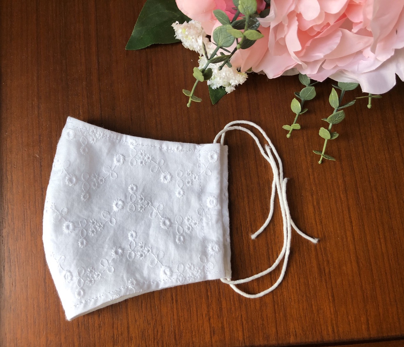 No 0604 2 夏用レースマスク 白 2枚仕立て ゆったりlサイズ ゴム紐つき Handcrafted Shop Uccello