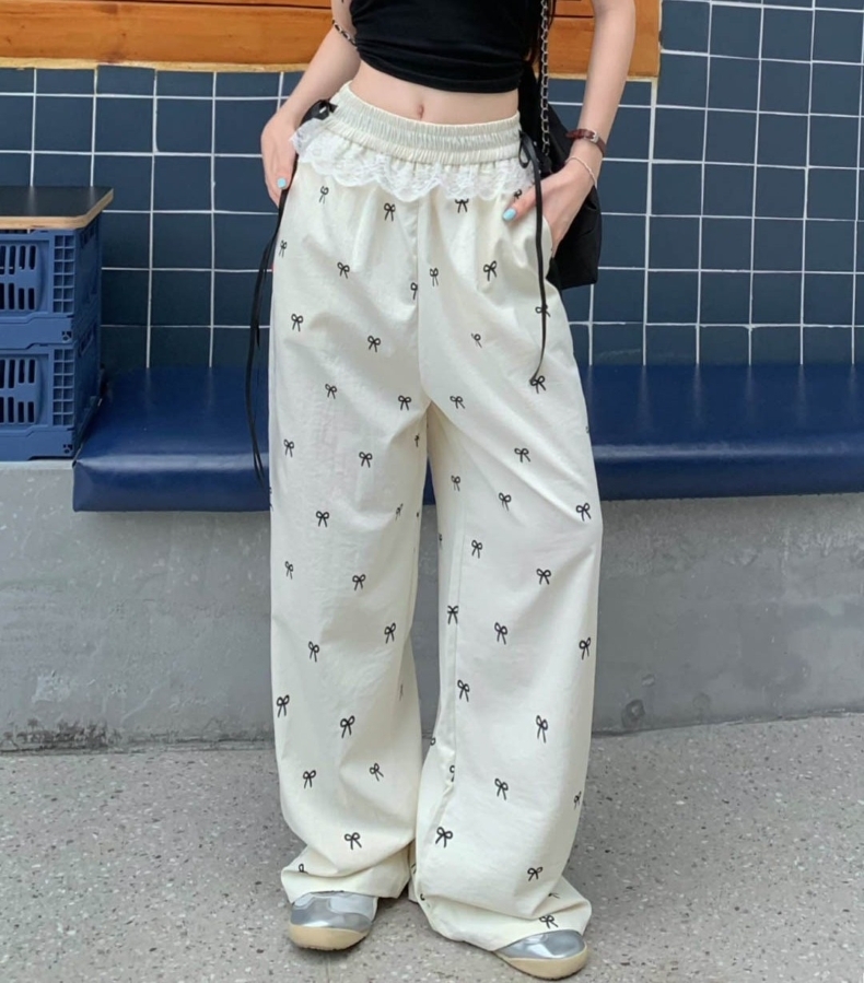 レディース スウェット パンツ リボン柄 ワイドパンツ ウエストゴム レース リボン ハイウエスト ロングパンツ カジュアルパンツ ボトムス 大人 おしゃれ 大人可愛い 大人女子 キュート 春 夏