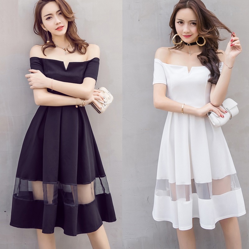 【Fcstyle】【送料無料】オフショルダーとシースルーが大人セクシーで可愛いワンピース ブラック ホワイト 大き目サイズ ガーリー フェミニン 韓国 ファッション 韓国