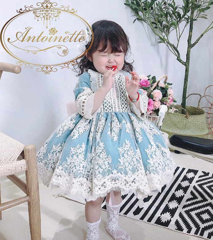 刺繍 ブルー 女の子 ベビー キッズ 子供服 ドレス ロリータ プリンセス Wedding Party Blue One Piece Dress Girl Kids Baby Antoinette