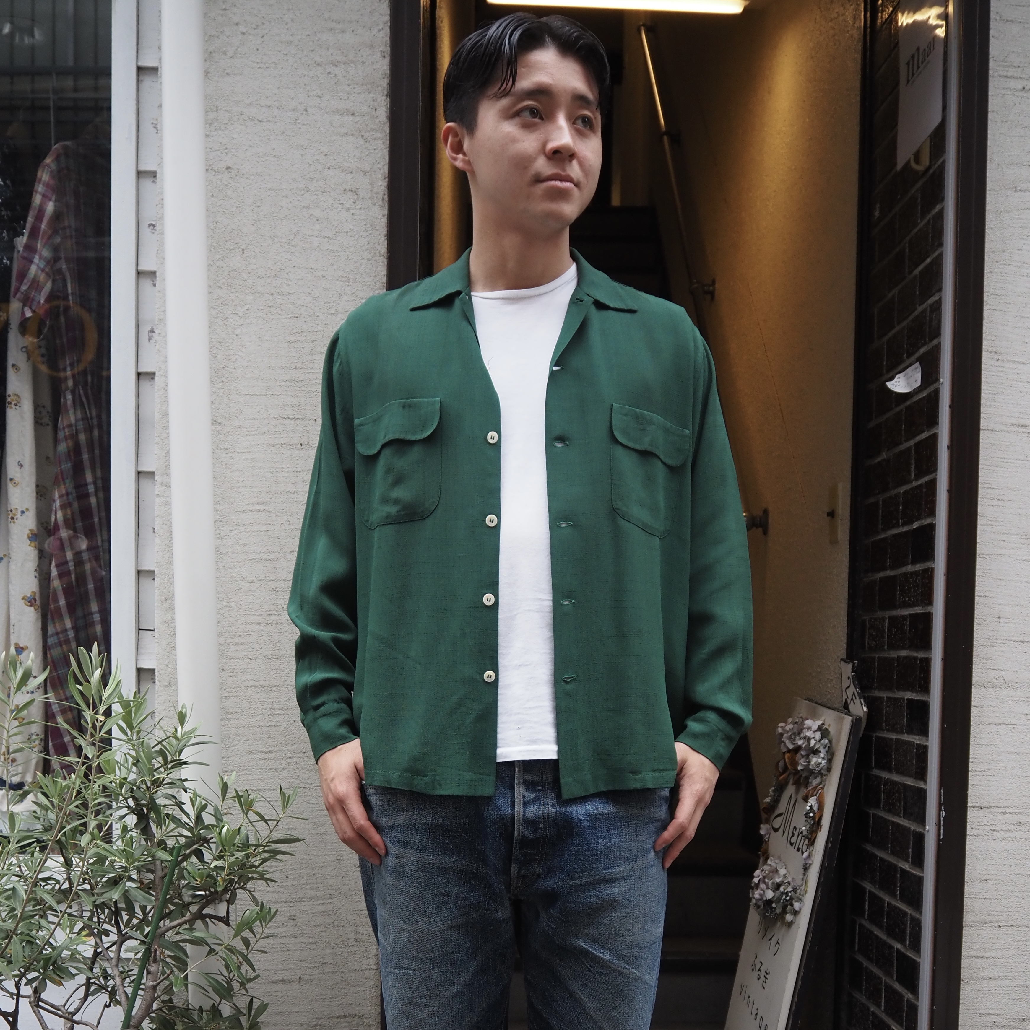 50’s レーヨンシャツ グリーン シェルボタン Lサイズ の画像 3