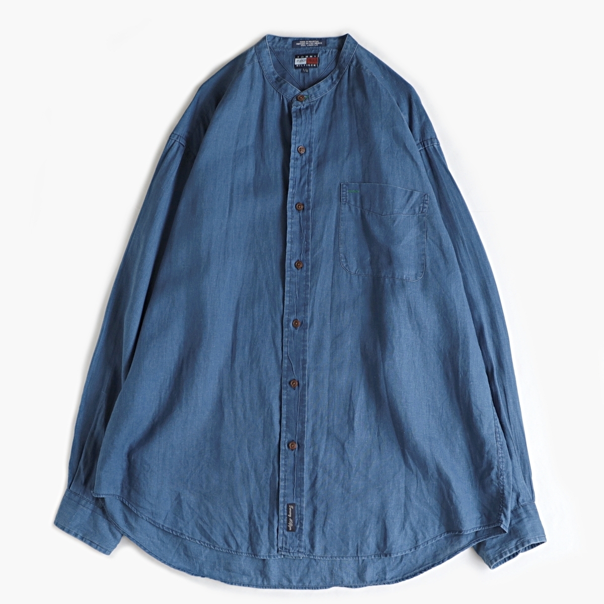 90s Tommy Hilfiger トミーヒルフィガー リネン 長袖 バンドカラー 90s Tommy Hilfiger トミーヒルフィガー リネン 長袖 バンドカラー