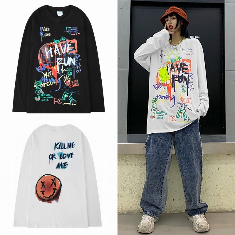 韓国ファッション ロングTシャツ ユニセックス 長袖 Tシャツ メンズ レディース 落書き風 スマイル ニコちゃん ラウンドネック シンプル オーバーサイズ 大きいサイズ ストリート