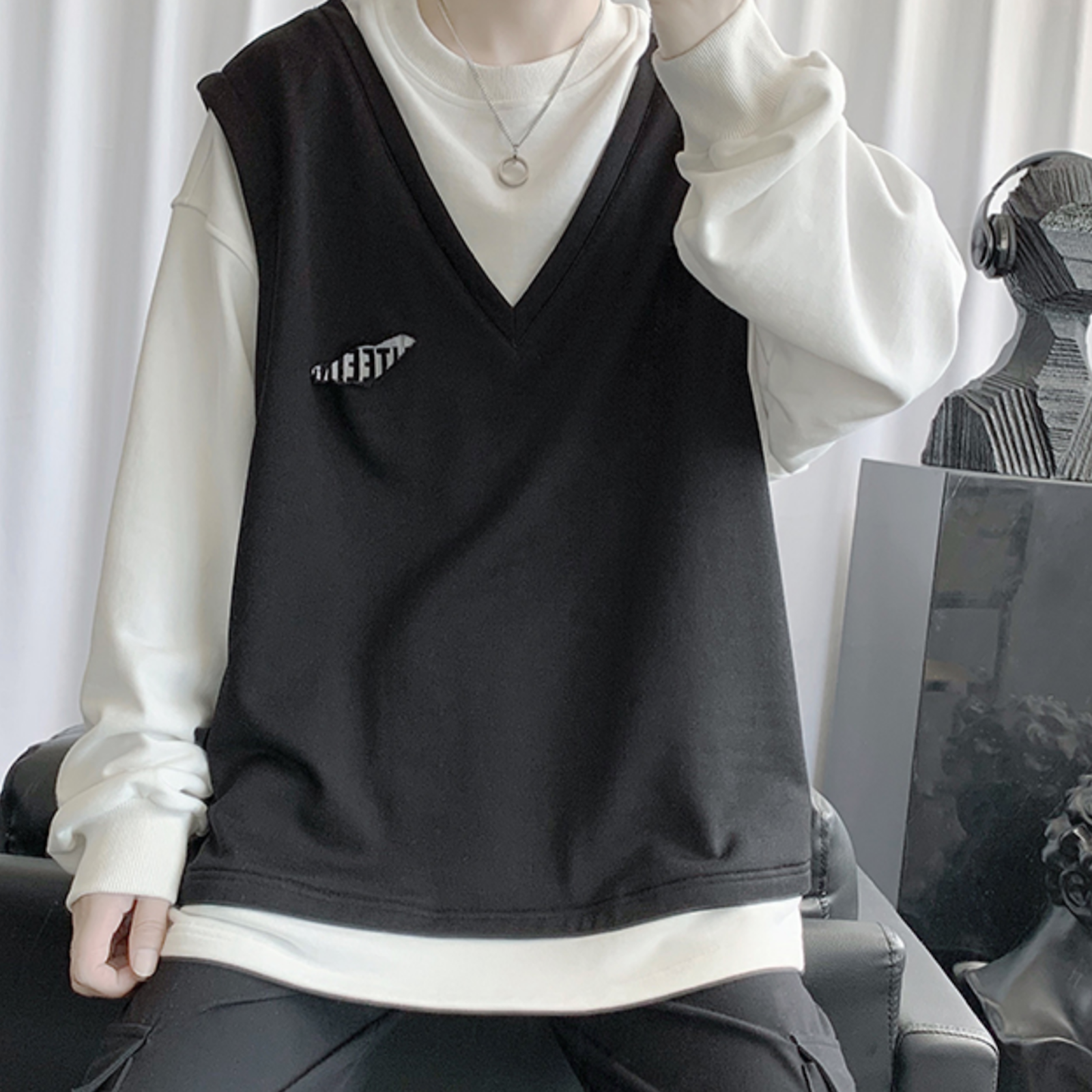 メンズ フェイクレイヤードルーズセーター 韓国ファッション通販 Nosweat