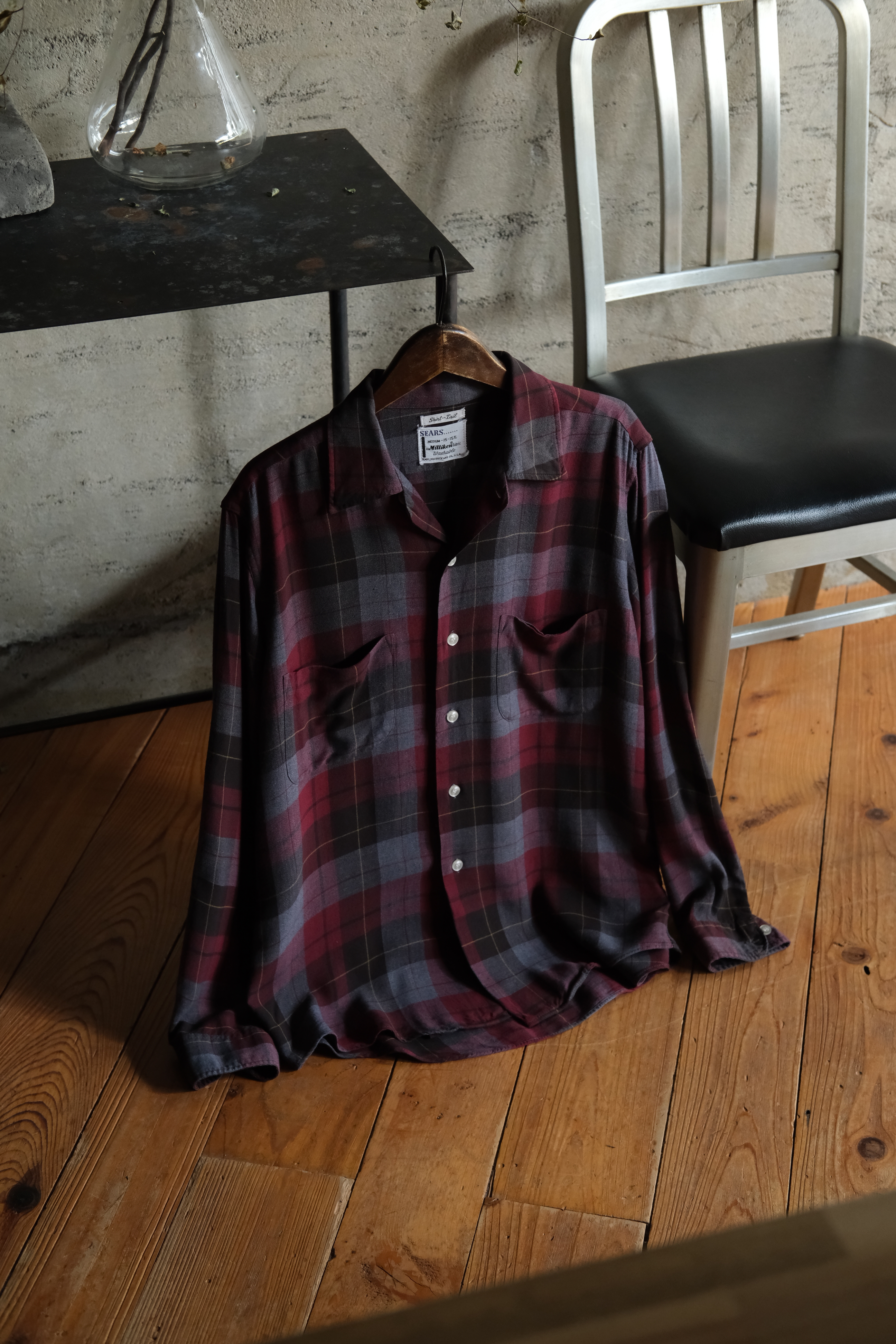 Utah/60's "SEARS" rayon check open collar shirt