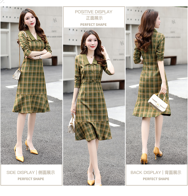 ワンピース チェック柄長袖ワンピース秋ファンフィッシュテールスカート 05 Takeout