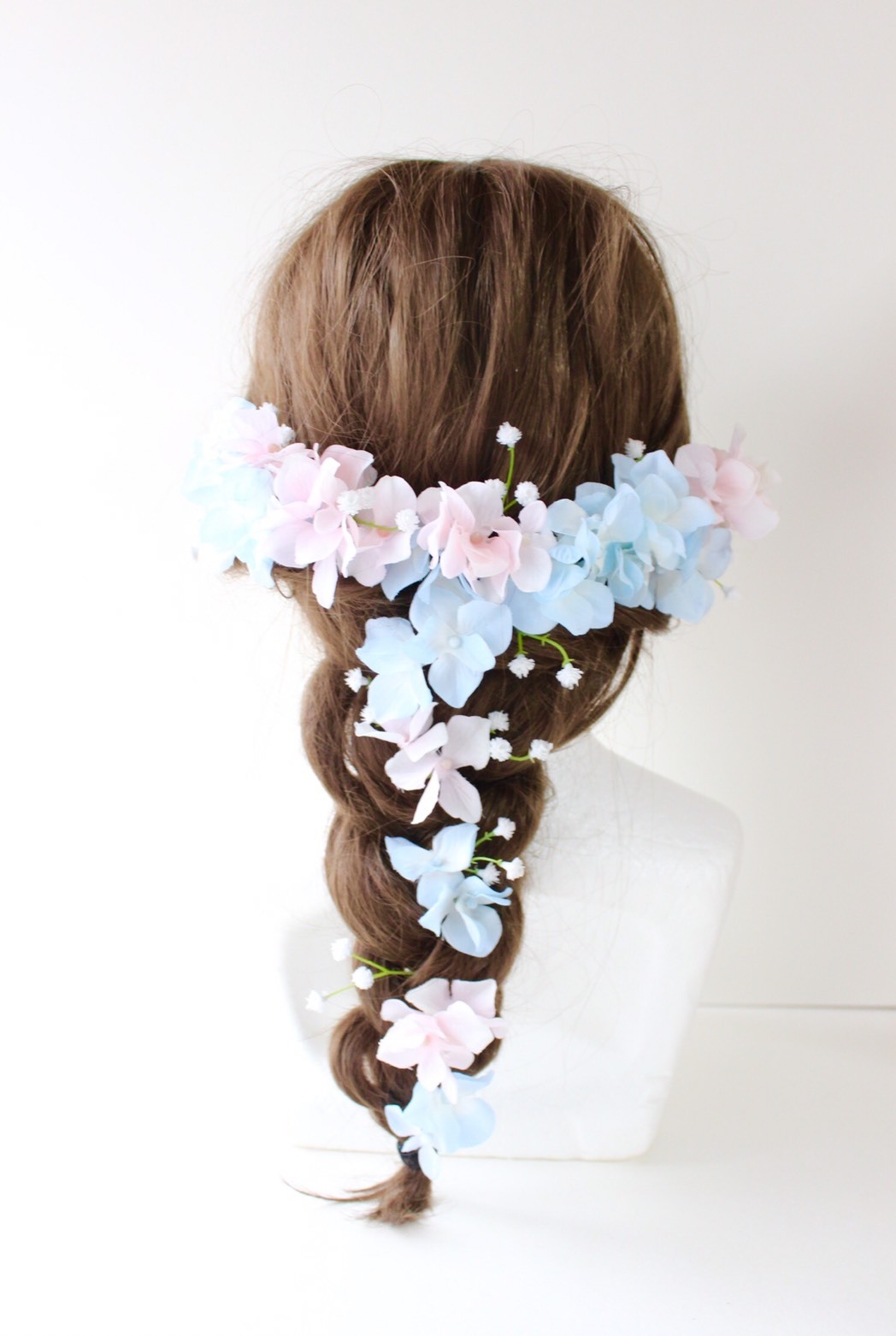 水色とピンクのアジサイとかすみ草の髪飾り 花made 水色とピンクのアジサイとかすみ草の髪飾り 花made